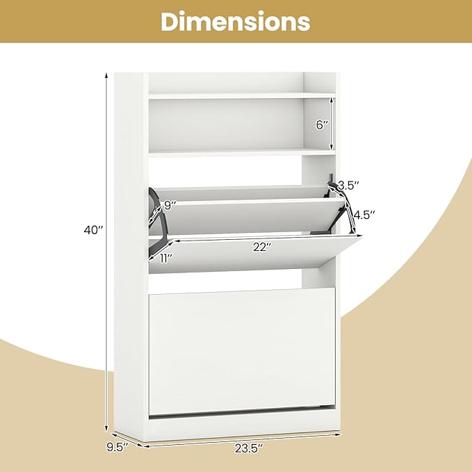 Giantex Shoe Cabinet with 2 Flip Drawers, Freestanding Hidden Shoe Rack Organizer Cabinet with 2 Open Shelves, Slim Shoe Storage Cabinet for Entryway, Hallway, Foyer, White