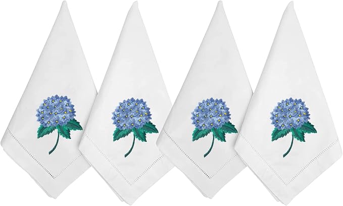 HCRAFT Embroidered Cotton Table Napkin, Cloth Napkins Set of 4 18"x18" Flower Hydrangea Napkin Square Fabric, Dining Room, Napkins Cloth Machine Washable, Cotton Cloth Napkins, Great Present Ideas