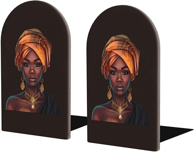 Black Women Beautiful Girl L-Shaped Book Ends 1 Pair Wood Bookends Book End Supports for Heavy Book Shelf Holder Home Decorative