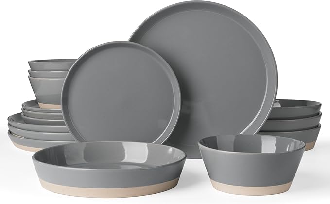 Famiware Saturn 16 Pieces Plates and Double Bowls Sets for 4, Stoneware Dinnerware Set with Pasta Bowl, Dish Set with Trim - Chip & Scratch Resistant, Microwave & Dishwasher Safe, Dark Gray