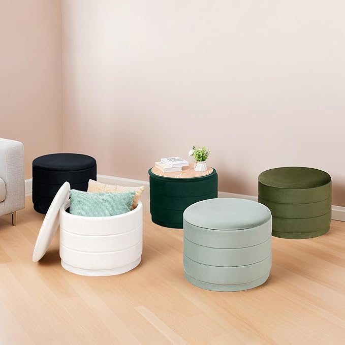 23" Upholstered Round Velvet Ottoman with Storage | Foldable Foot Rest Ottoman with Wooden Tabletop, Decorative Home Furniture for Living Room & Bedroom-SAGE