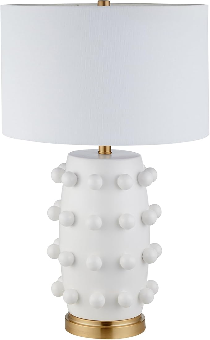 Henn&Hart 25.5'' Modern 1-Light Ceramic Table Lamp with Spherical Orbs on Lamp Body with White Fabric Drum Shade for Living Room, Bedroom, or Office, Matte White