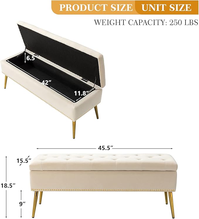 HULALA HOME Modern Velvet Storage Ottoman Bench with Gold Base & Nailhead Trim, Upholstered Bedroom Bench for End of Bed, Button-Tufted Footstool for Entryway Living Room Dining Room, Tan