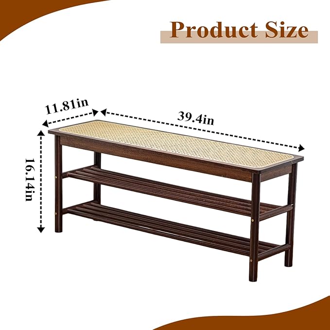 Bamboo Entryway Bench with Woven Rattan Seat, 2-Tier Shoe Storage Bench for Hallway & Entryway 39.4 inches Walnut