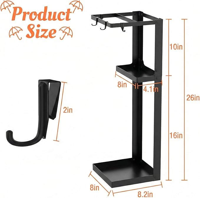 Umbrella Stand, Metal Umbrella Stand Indoor, 26 Inch Umbrella Holder for Entryway, Shelf for use with Small Umbrellas and Bottom Drip Tray for use with