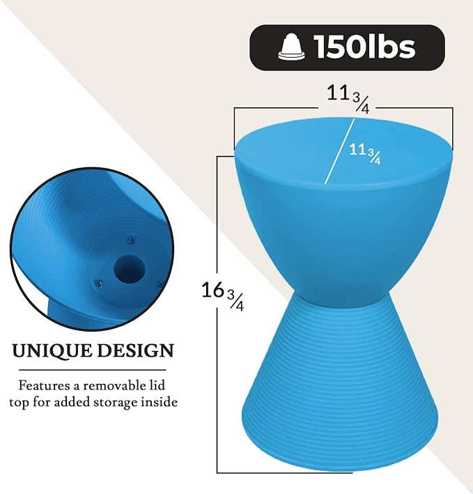 LeisureMod Modern Hourglass Blue Side Table - ABS Shell Drum End Table with Storage for Indoor & Outdoor Use