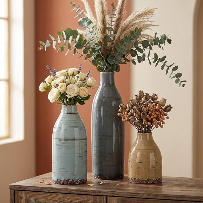Ceramic Vase Set of 3, Small Neutral Vases Home Decor, Pottery Rustic Farmhouse Decorative Vases with Wide Mouth, Modern Decor for Table Mantel Entryway Bookshelf Living Room Kitchen
