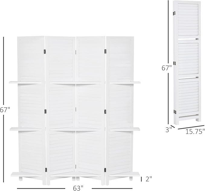 4-Panel Folding Room Divider with Shelves, 67" Tall Freestanding Wood Privacy Screen Panel with 3 Display Shelves and Folding Storage for Bedroom or Home Office, White