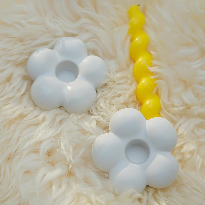 Cute Candle Holders, Ceramic Candlestick Holders for Table Centerpiece Flower Shape Home Decor Wedding Parties Living Room Set of 2 (White 2)