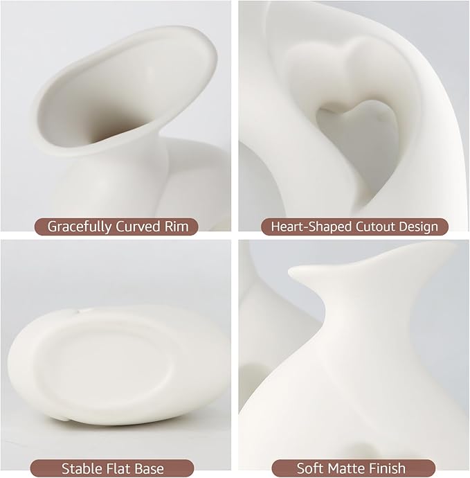 White Ceramic Vase Hollowed Heart Flower Vase Set for Modern Nordic Boho Home Decor, Aesthetic Vase for Table Centerpiece, Wedding, Living Room, Bookshelf, Office, Entryway, Console, Fireplace(Matte)