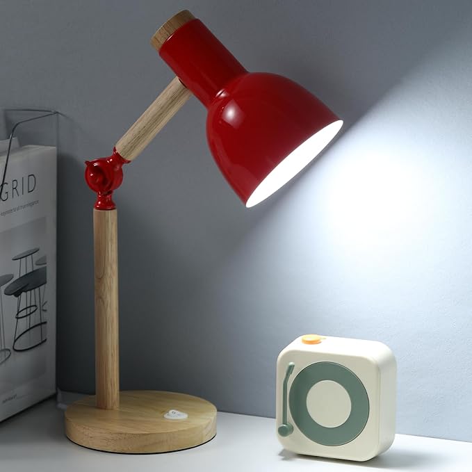 Desk Lamp,Wooden Adjustable Tri-Color Table & Bedside Lamp for Office, Living Room, Bedroom & Kids Room (red)