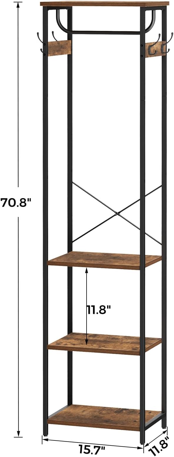 Coat Rack With Hanging Rod, Garment Rack With 3 Wooden Shelves and 4 Hooks, Freestanding Hall Tree, Industrial Clothes Rack Stand Organizer, Rustic Brown and Black