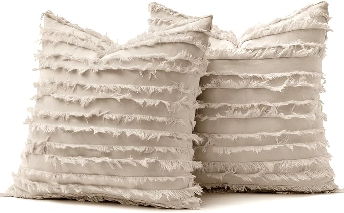 MIULEE Decorative Boho Throw Pillow Covers Set of 2 Spring Neutral Beige Linen Striped Jacquard Pattern Modern Cushion Covers for Sofa Couch Living Room Bedroom 18x18 Inch Home Decor