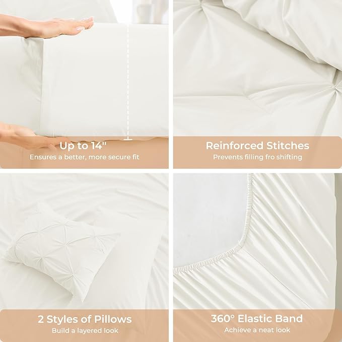 Sasttie Full Size Comforter Set, 7-Piece Bed in a Bag, Pintuck Bedding Set for All Season, Includes Comforter, Flat Sheet, Fitted Sheet, Pillowcases and Pillowshams, Ivory