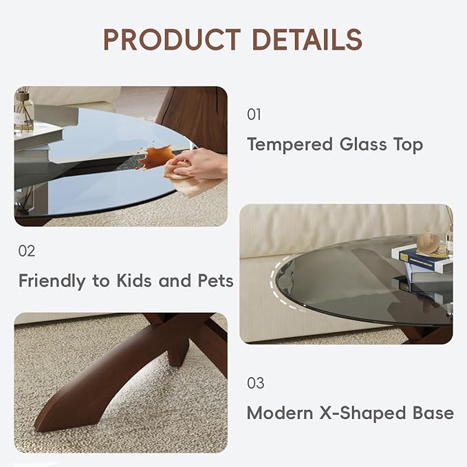 Honyee Glass Coffee Table, 30.7” Round Coffee Table with Tempered Glass Top, Walnut Wood X-Shaped Base, Stable Modern Center Table for Living Room, Apartment and Small Spaces