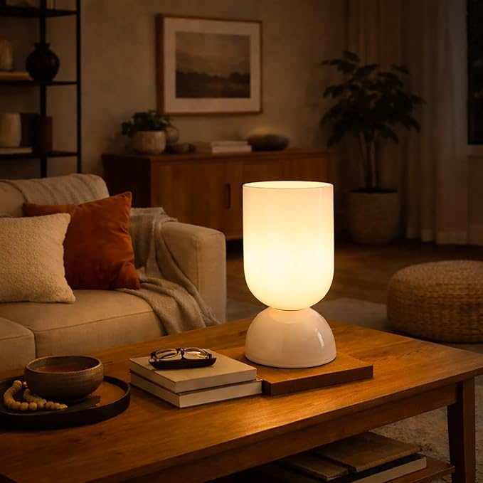8.9" Modern Glass Table Lamp for Living Room, Dimmable Desk Lamps for Bedroom, UL Listed Nightstand Lamp with Dome Base, End Table Lamps for Home, Side Tables, College Dorm, Office, Glossy White