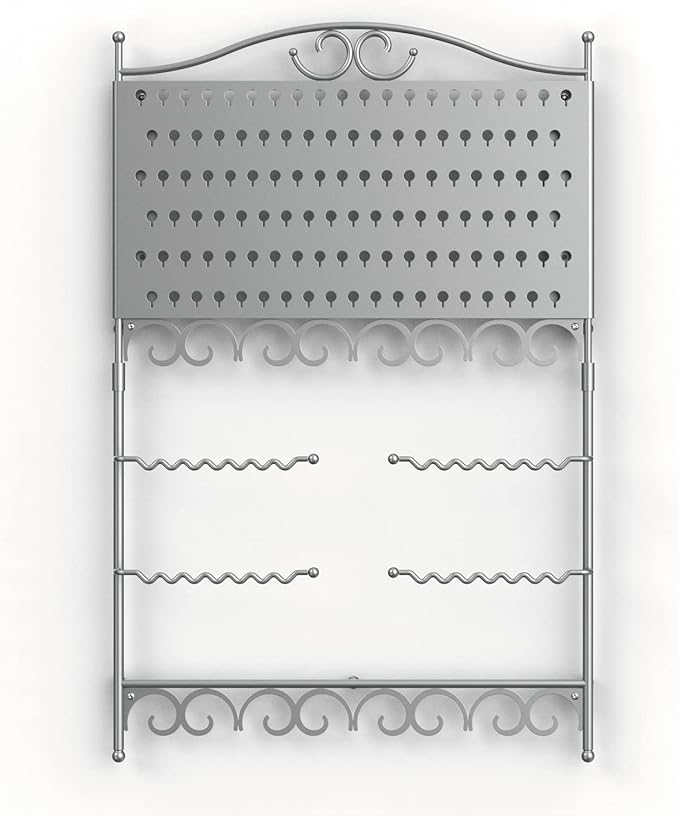 Mango Steam Deluxe Wall Mounted Closet/Wardrobe Display Hanger Organizer for Jewelry & Earrings With Hooks & Bar for Necklaces, Bracelets, Accessories - Silver
