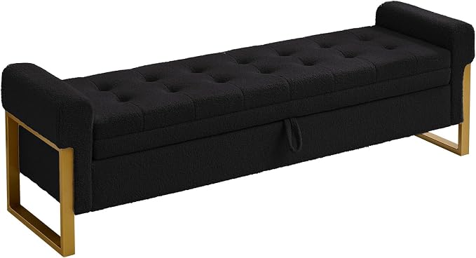67" End of Bed Storage Bench King Size, Bench for Bedroom Foot of Bed, Upholstered Teddy Storage Ottoman with Gold Legs for Window Living Room, Teddy Black