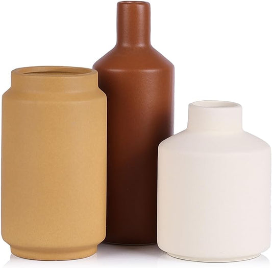 Ceramic Vase Set of 3 - Modern Neutral Vases Home Decor, Minimalism Decorative Vases, Boho Decor Small Flower Vase for Shelf, Dining Table Entryway Mantel Centerpiece Bookshelf Living Room Bathroom