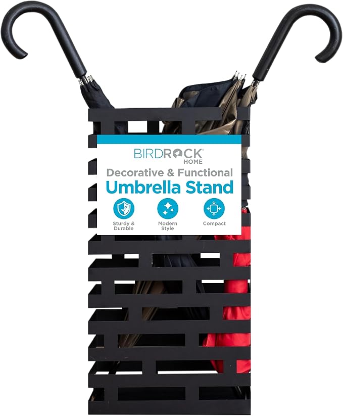 BIRDROCK HOME Decorative Umbrella Stand with Removable Water Tray - Large Freestanding Umbrella Rack and Cane Walking Stick Organizer - Metal Umbrella Holder for Entryway & Indoor Use - Black, Striped