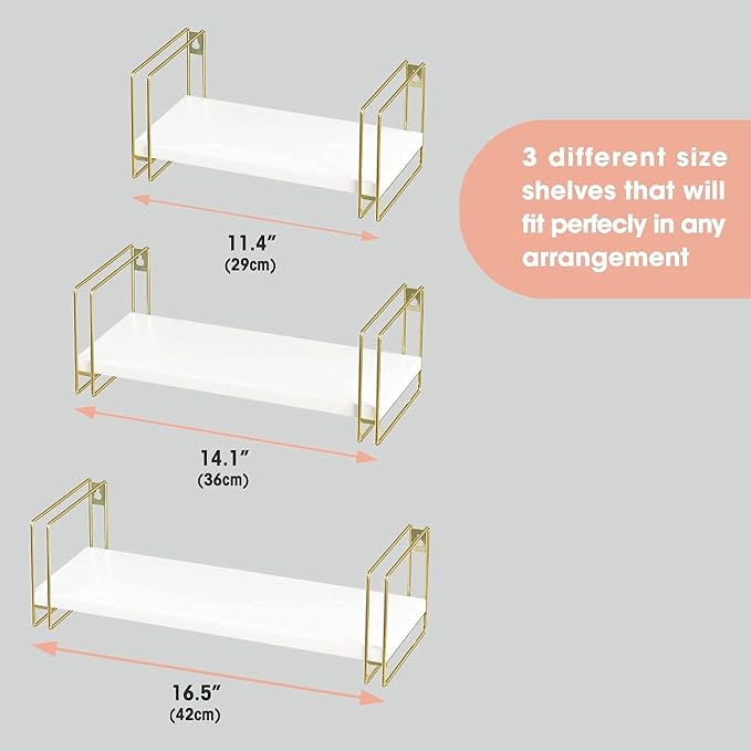 J JACKCUBE DESIGN White Wood Floating Shelves, Set of 3 Wall Mounted Hanging Shelves with Gold Wire Frames for Bedroom. Living Room, Kitchen, Bathroom and Office - MK696C