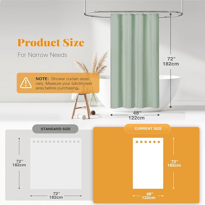 BTTN Stall Fabric Shower Curtain - 48x72 Inch Narrow Linen Textured Heavy Duty Shower Curtain Set with 8 Plastic Hooks, Hotel Spa Luxury Small Waterproof Neutral Bath Curtain for Bathroom - Sage Green