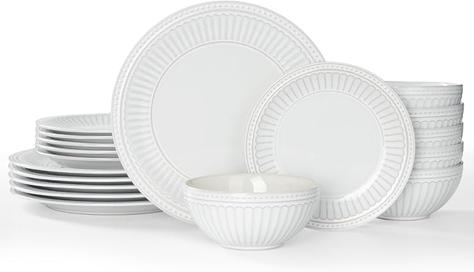 Famiware Garden 18-Piece Embossed Plates and Bowls Sets, Stoneware Reactive Glaze Dishes Dinnerware Set, Modern Rustic, Chip & Scratch Resistant, Microwave & Dishwasher Safe, Service for 6, White