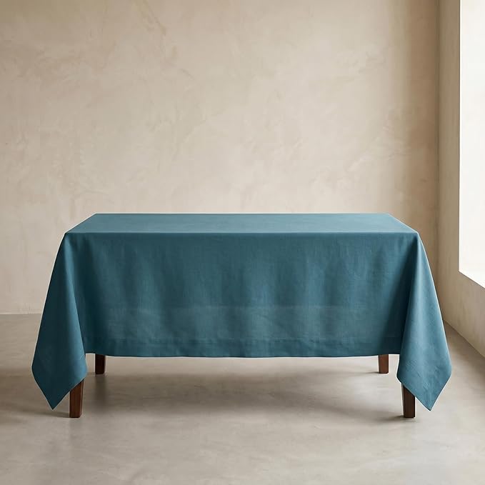 Solino Home Linen Tablecloth for Rectangle Tables 60 x 156 Inch - 100% Pure Linen Peacock Blue Table Cloth - Fete, Machine Washable Cloth Tablecloth
