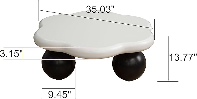 35.03" Cloud Coffee Table for Living Room Unique Coffee Table Modern Low Coffee Tables Cute Center Table with 3 Ball Legs for Small Space Apartment Cream Flower-White & Black