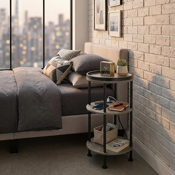 Small Round Side Table with Charging Station for Small Spaces, 3-Tier Accent Table with USB Ports & Power Outlets, Sofa Corner Tea Table for Living Room Nightstand Bedroom Apartment (Grey)