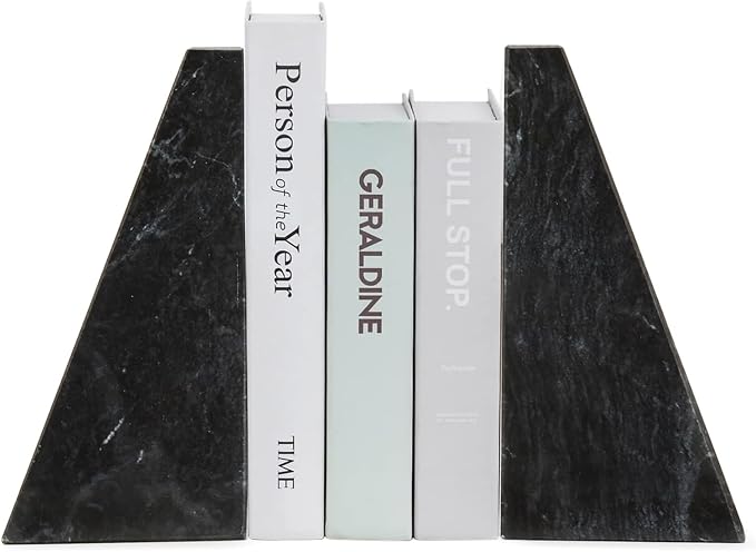 Fox Run 100% Natural Polished Marble Bookends, Black, Set of 2, Triangular Bookends for Heavy Books
