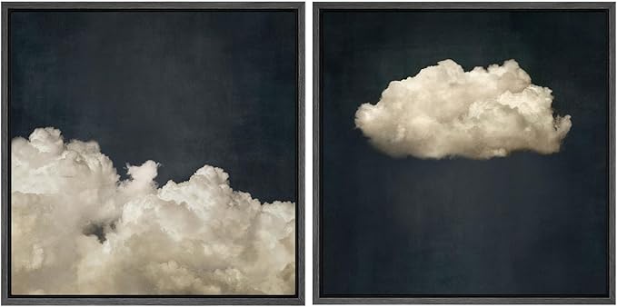 SIGNFORD Framed Canvas Print Wall Art Set Vintage Cloud Soft Neutral Sky Illustrations Modern Art Minimal Relax/Calm for Living Room, Bedroom, Office - 24"x24"x2 Black