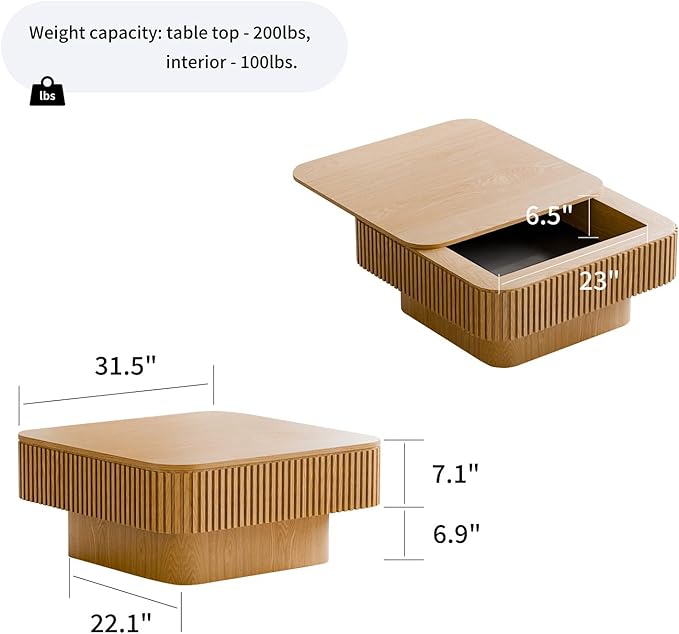 Square Coffee Table for Living Room,Fluted Drum Accent Tea Center Table with Storage,Solid Wood Modern Coffee Tables for Small Space Office Apartment (31.5" L×31.5''W×14''H-Natural)