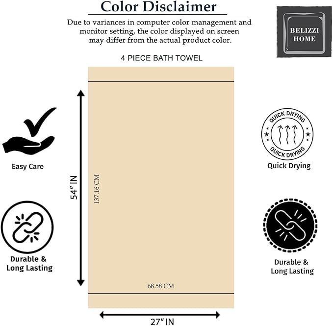 Belizzi Home 4 Pack Bath Towel Set 27x54, 100% Ring Spun Cotton, Ultra Soft Highly Absorbent Machine Washable Hotel Spa Quality Bath Towels for Bathroom, 4 Bath Towels Light Grey