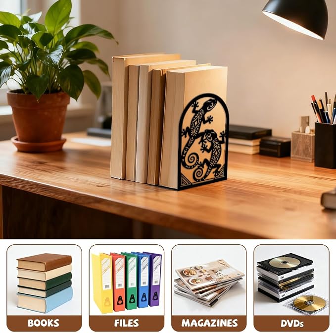 Peacoblue Metal Bookends for Shelves, Modern Decorative Heavy Duty Study Book Ends Stoppers for Office, Desk, Shelf, Room 5.3"x4.3"x7.9" Cast Iron Simple Tall Bookends 1 Pair (Geckos)