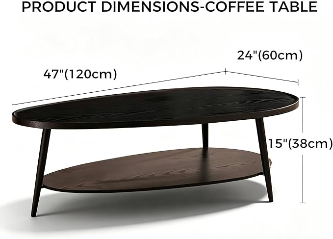 AGV Oval Coffee Table with Storage Shelf 47” Mid Century Modern Coffee Table,Black Wood Finish MDF Top with Black Metal Legs for Living Room,Office or Small Space