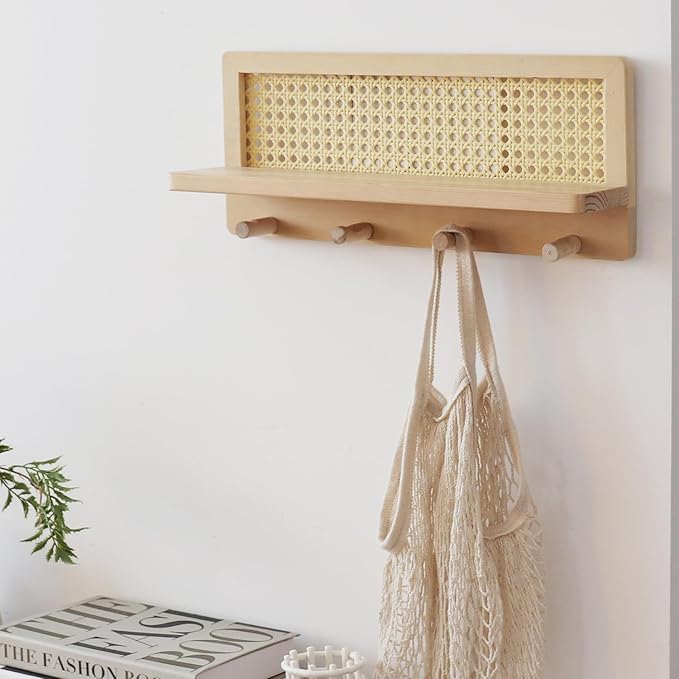 PE Rattan Coat Rack Shelf Wall Mounted with 4 Hooks, Decorative Coat Hook Rack with Floating Shelf for Entryway, Nursery, Mudroom, Hallway, Kitchen, Office (Burlywood)