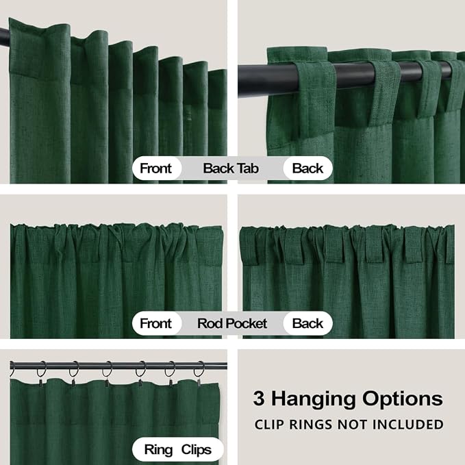 KOUFALL Dark Emerald Green Curtains for Living Room 108 Inch Long,Sheer Linen Holiday Curtains for Bedroom Dining Room 2 Panels Set