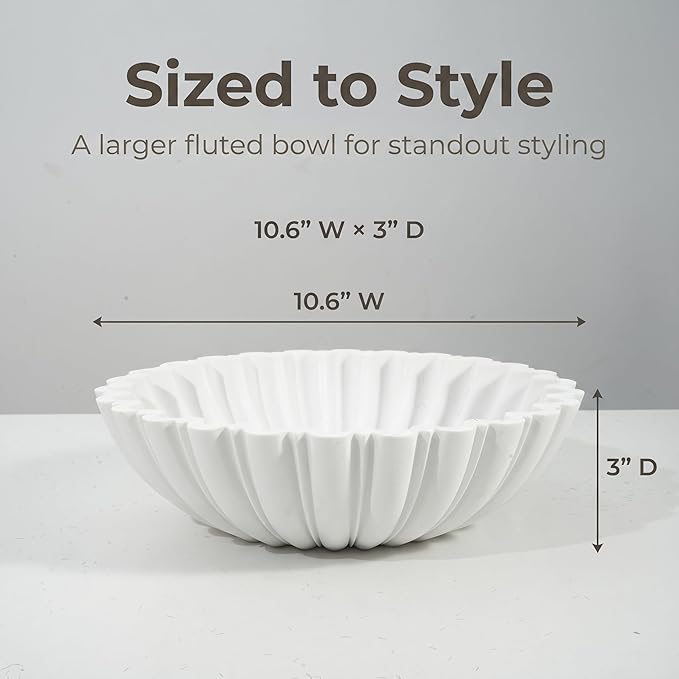 Decorative Bowl for Home Decor, 10.6" Large Modern White Scalloped Fruit Bowl for Coffee Table, Entryway Table, Kitchen Counter, Centerpiece for Keys or Candy