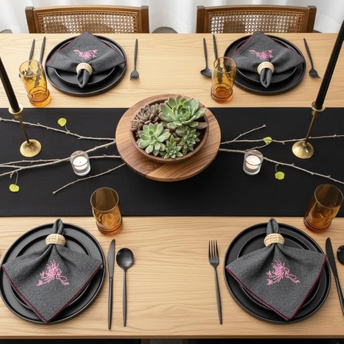 Luxury Embroidered Cloth Napkins – Coal Flame, Set of 6, 18x18 | Charcoal Dinner Napkins with Pink Floral Motif | Elegant Cotton Blend Table Napkins for Christmas, New Year & Formal Dining