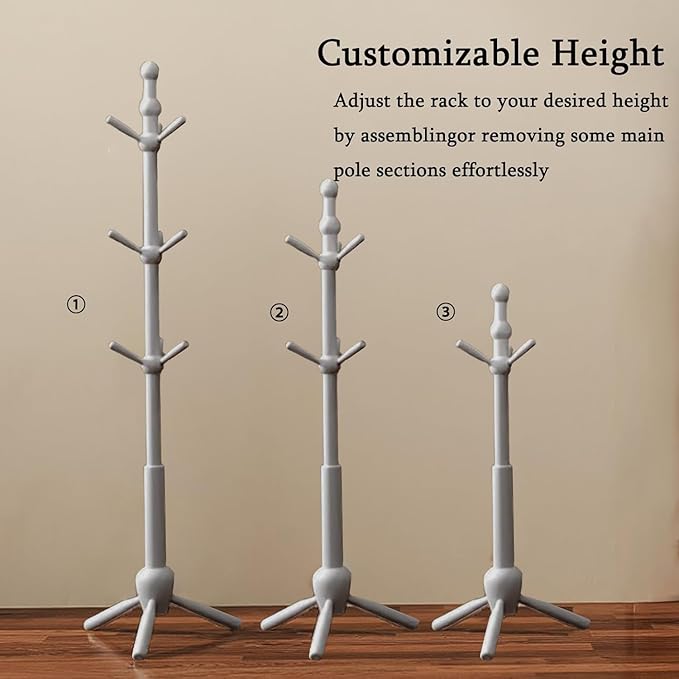 Solid Wood Coat Rack Stand, Vintage Heavy Duty Coat Hanger Stand with 9 Hooks, 3 Adjustable Size Sturdy Coat Tree for Living Room, Entryway, Office, Hallway, Grey