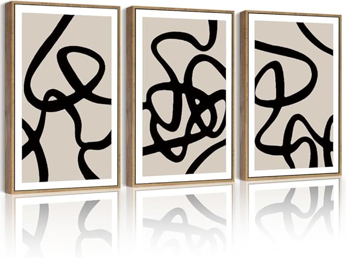 PHOPAGO Black and Gray Abstract Framed Wall Art Large 16x24in Decor Ink Wash Dark Brush Stroke Prints Shapes Illustrations Modern Art Decorative Ready To Hang - Natural Framed
