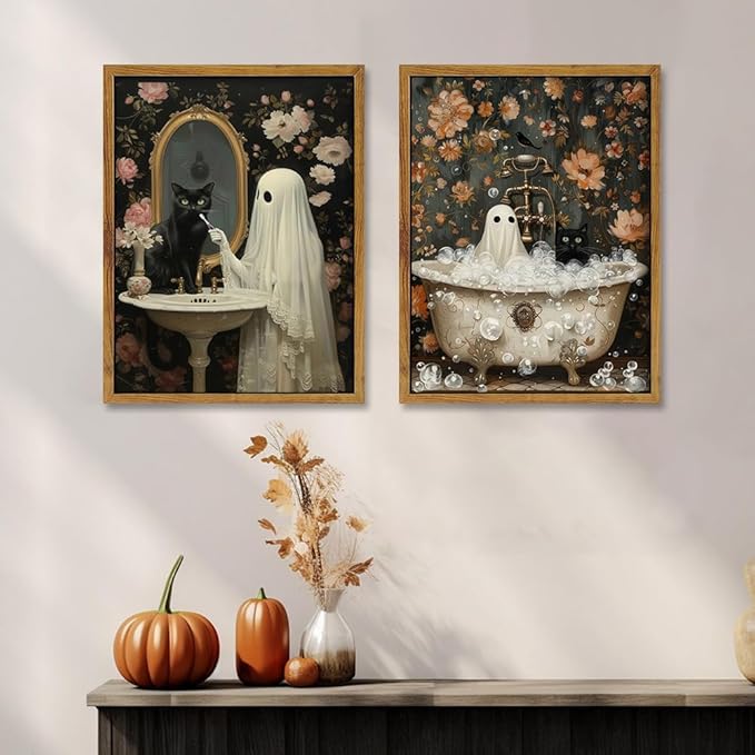ARTZIO Vintage Ghost & Black Cat Wall Art - 16x24 Inch Framed Artwork, Waterproof, Fade-Resistant, Thick Woodgrain Frame, Includes Installation Nails (Set of 2)