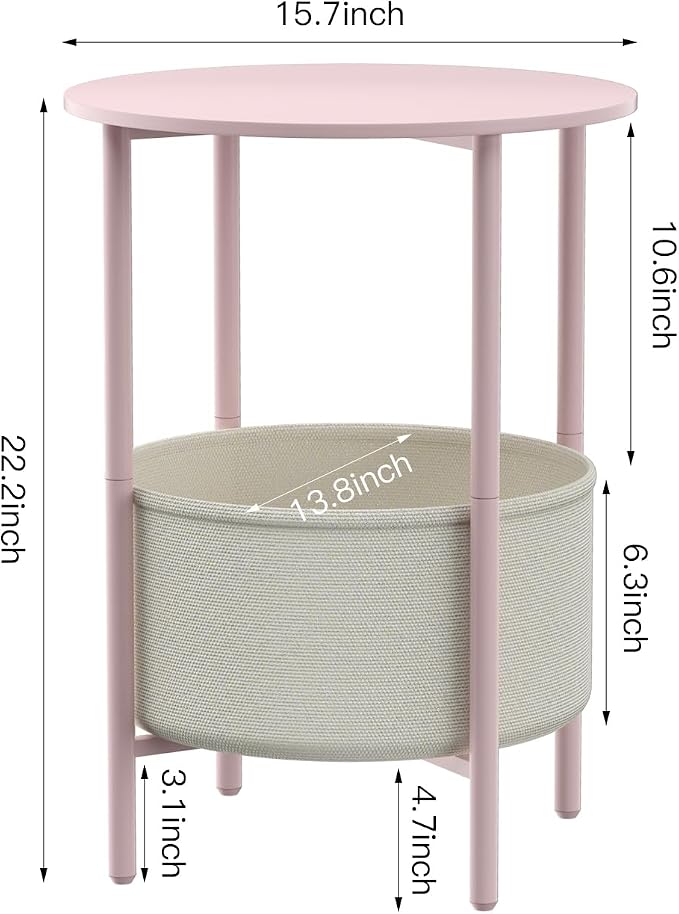 DGSANDGO Round End Table with Fabric Basket, Bedside Table with Storage, Morden Round Nightstand, Samll Side Table for Living Room，Bathroom，Bedroom, Nursery, Laundry, Pink