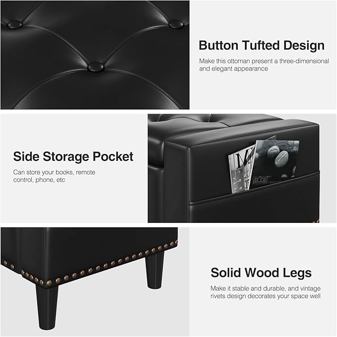 60" Storage Ottoman Bench, Faux Leather Upholstered Bed Bench with Tufted Buttons and Nailhead Trim, Large Ottoman with Storage for King Size End of Bed, Bedroom, Living Room, Entryway, Hallway, Black