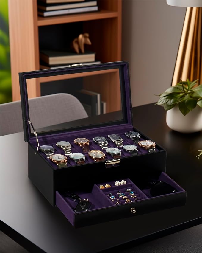 GUKA Watch Box, 12 Slot Watch Case, Watch Cases for men with Real Glass Lid, Synthetic Leather Watch Organizer storage with Jewelry Case, Birthday for Men and Women, Blue Purple