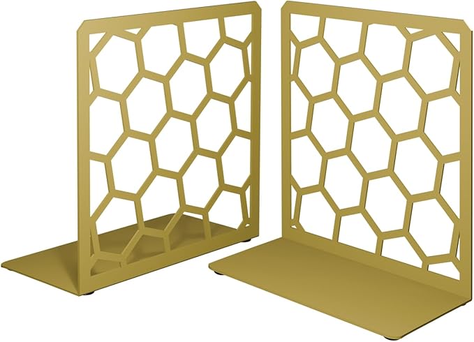 Gold Geometric Honeycomb Metal Bookends - Book Ends for Shelves - Decorative Modern Heavy Duty Bookend Stopper - Book Ends for Heavy Books - Home Office Book Holder - 1 Pair, 6x3.25x6.25 in