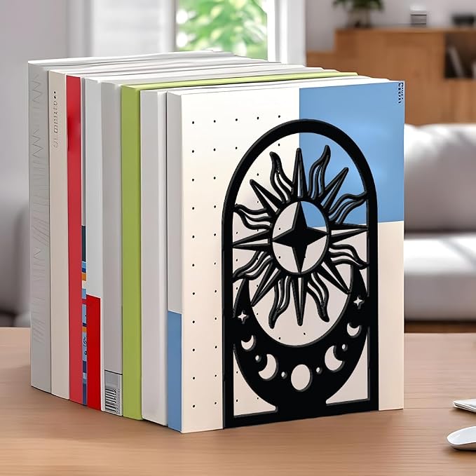 WADORN Moon Sun Metal Bookends for Shelves Decorative 1 Pair, Heavy Duty Books End Support Non-Skid Book Holders Black L-Shaped Book Stopper for Home Office Desk Books Divider, 4.7x3.5x7 Inch