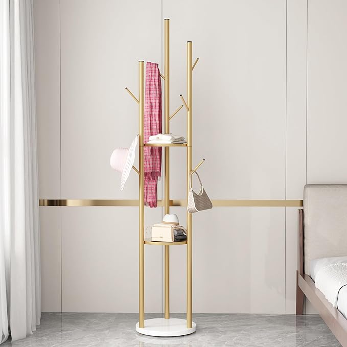 Gold Coat Racks Freestanding with 9 Hooks, Metal Coat Stand with Heavy Marble Base, Entryway Coat Tree Hanger, Purses Racks