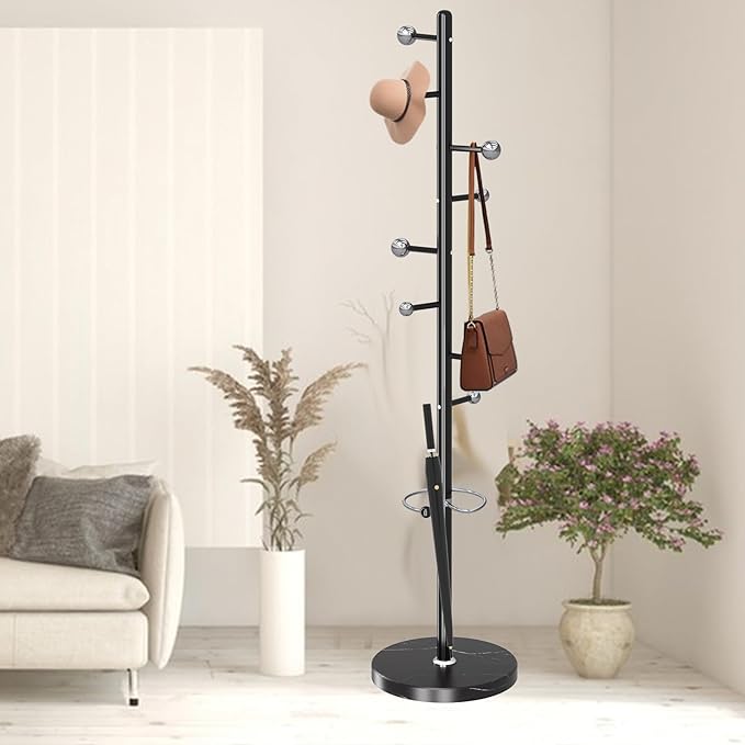 Modern Metal Coat Rack Stand, Coat Rack Freestanding with Natural Marble Base, Sturdy Heavy Duty Coat Racks with 8 Hooks, Black Coat Hall Tree Stand for Entryway, Office
